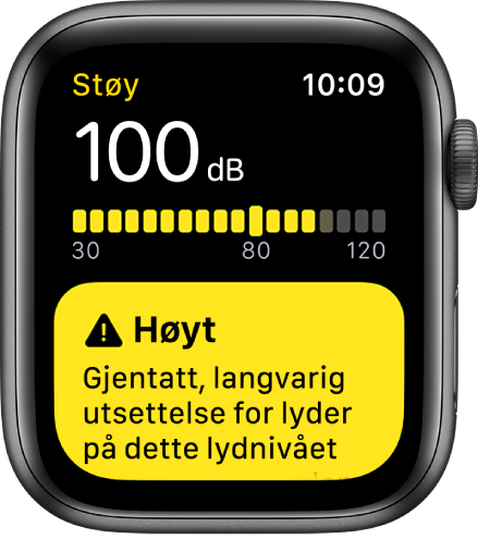 En Støy-skjerm som viser et desibelnivå på 100 dB. Det vises en advarsel nedenfor.