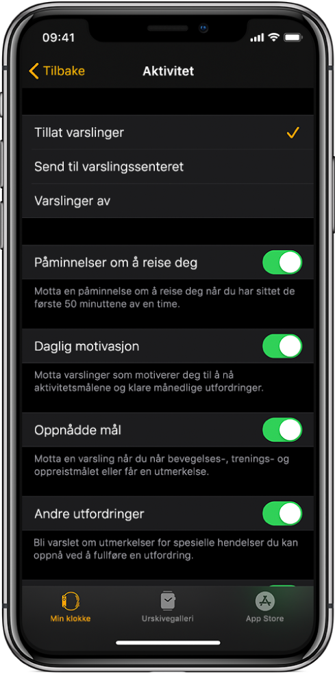 Aktivitet-skjermen i Apple Watch-appen, der du kan tilpasse varslingene du vil få.