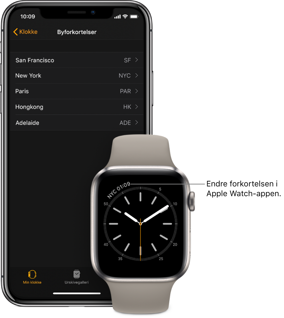 En iPhone og Apple Watch ved siden av hverandre. Apple Watch-skjermen viser klokkeslettet i New York City, med forkortelsen NYC. iPhone-skjermen viser en liste over byer i Byforkortelser-innstillinger, i Klokke-innstillinger i Apple Watch-appen.