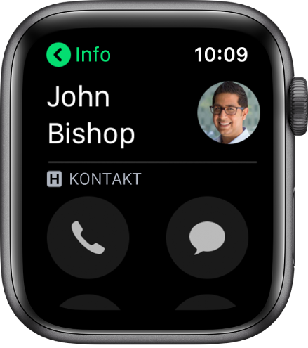 En telefonskjerm som viser en kontakt og knappene Ring og Melding.