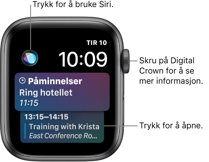 Siri-urskiven, som viser en påminnelse og en kalenderhendelse. En Siri-knapp er øverst til venstre på skjermen. Dato og klokkeslett er øverst til høyre.