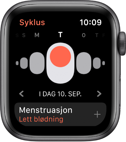 Syklus-skjermen som viser ukedager øverst, dagens dato nedenfor og Menstruasjon-knappen nederst.