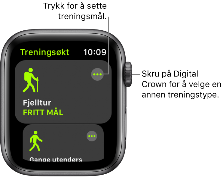 Trening-skjermen, med Fjelltur markert. En Mer-knapp vises øverst til høyre. Nedenfor vises en del av treningen Gange utendørs.