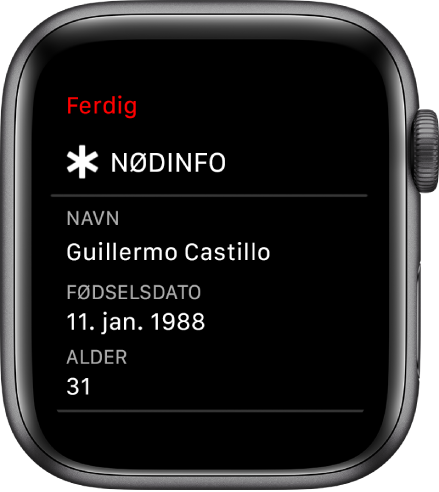 Nødinfo-skjermen som viser brukerens navn, fødselsdato og alder.