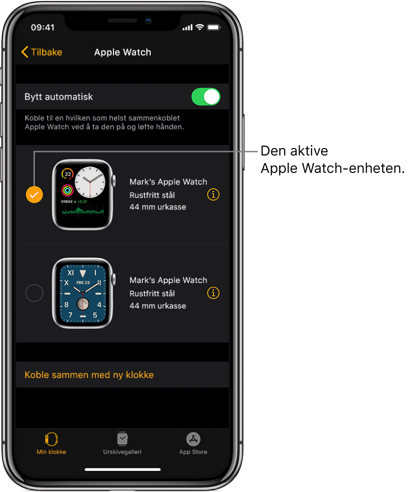 Haken viser den aktive Apple Watch-enheten.