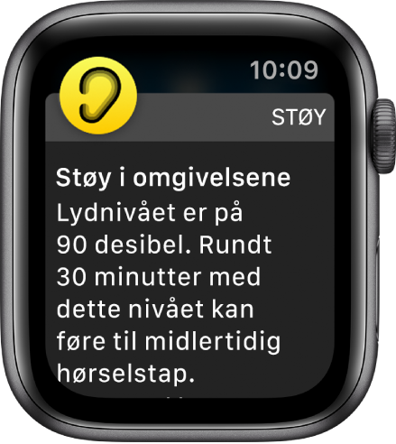 Apple Watch som viser en støyvarsling. Symbolet for appen som varslingen gjelder for, vises øverst til venstre. Du kan trykke på den for å åpne appen.