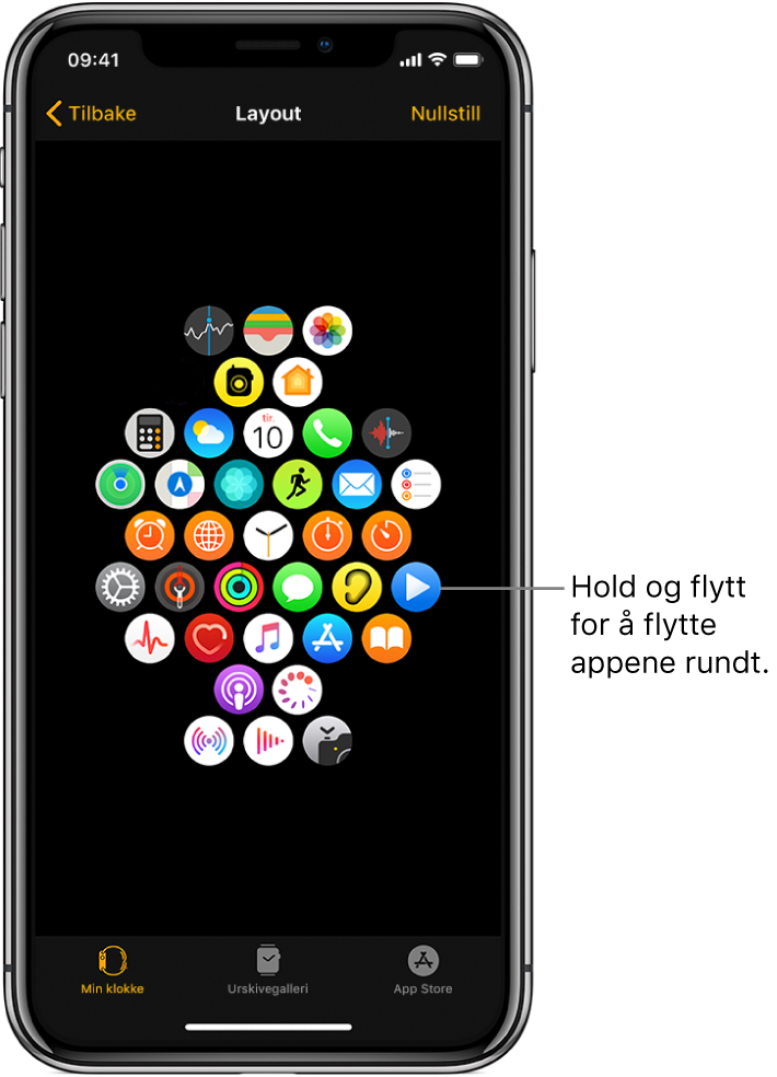 Layoutskjermen i Apple Watch-appen på iPhone som viser et symbolrutenett. En bildetekst peker på et appsymbol og har teksten «Hold og flytt for å flytte appene rundt».