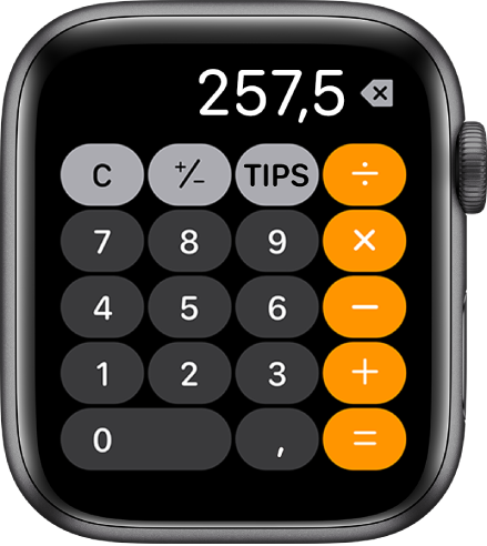 Apple Watch som viser Kalkulator-appen. Skjermen viser et vanlig talltastatur med matematiske funksjoner til høyre. Langs toppen er knappene C, pluss eller minus og Tips.