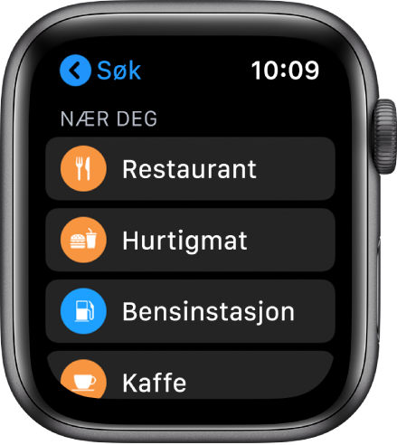 Kart-appen viser en liste over kategorier: Restauranter, Hurtigmat, Bensinstasjoner, Kaffe og annet.