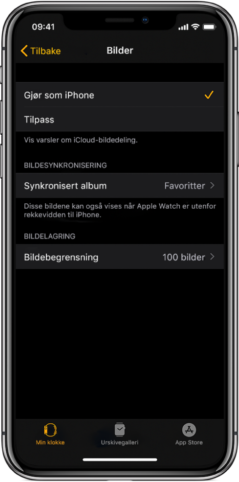 Bilder-innstillinger i Apple Watch-appen på iPhone, med Synkronisert album-innstillingen i midten og Bildebegrensning-innstillingen under.