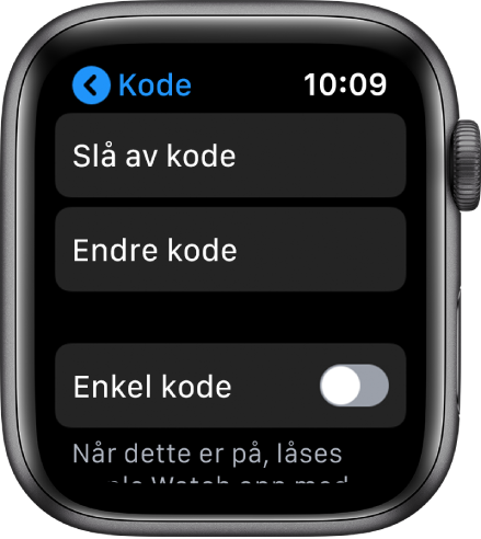 Kodeinnstillinger på Apple Watch, med Slå av kode-knappen øverst, Endre kode-knappen under den og Enkel kode nederst.