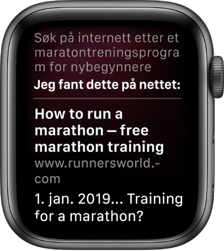 Siri som svarer på spørsmålet «Hva er en god maratontreningsplan for nybegynnere» med et svar fra internett.