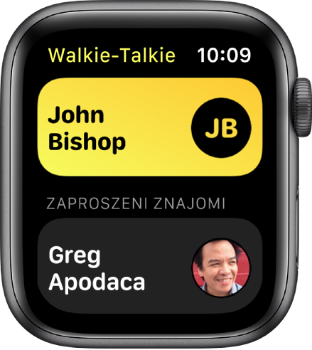 Ekran aplikacji Walkie‑Talkie wyświetlający kontakt (na górze ekranu) oraz zaproszonego znajomego (na dole).