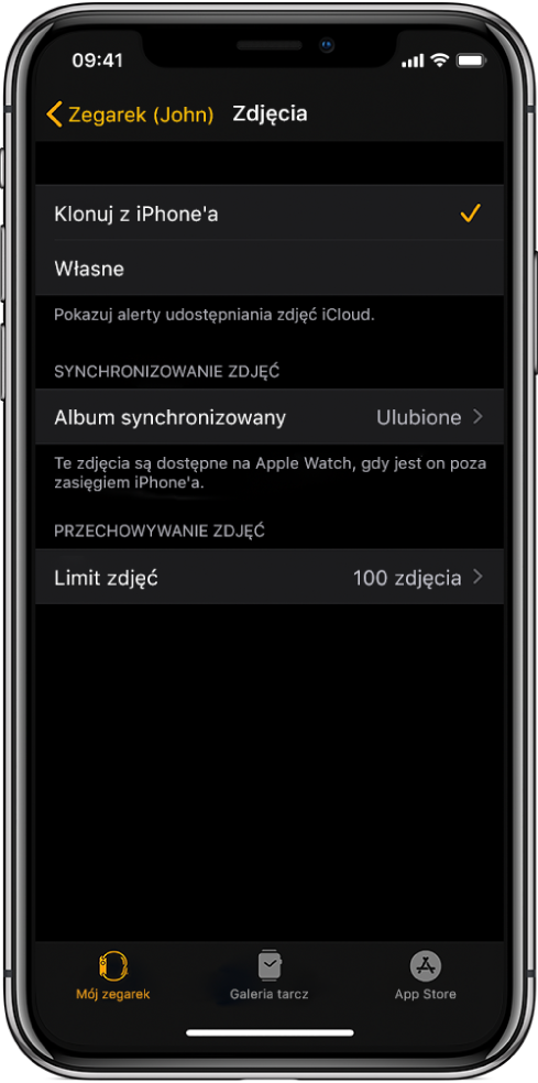 Ustawienia aplikacji Zdjęcia w aplikacji Apple Watch na iPhonie. Na środku widoczna jest etykieta Album synchronizowany, a poniżej znajduje się pozycja Limit zdjęć.