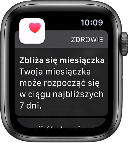 Apple Watch wyświetlający ekran przewidywania cyklu z komunikatem „Zbliża się miesiączka. Twoja miesiączka prawdopodobnie rozpocznie się w ciągu następnych 7 dni.”. Na dole ekranu wyświetlany jest przycisk Zacznij śledzenie cyklu.