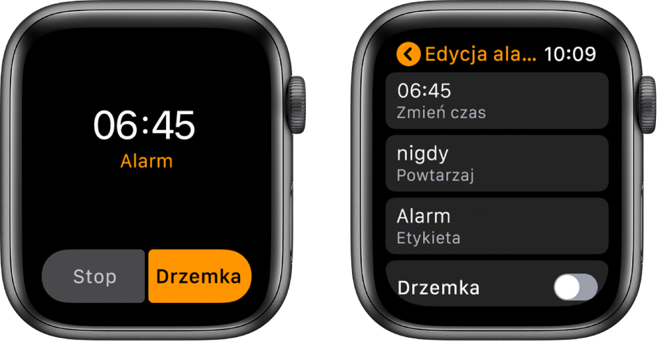 Dwa ekrany zegarka: Jeden z nich przedstawia tarczę z alarmem i przyciskiem Drzemka, a drugi przedstawia ustawienia edycji alarmu i przełącznik Drzemka na dole.