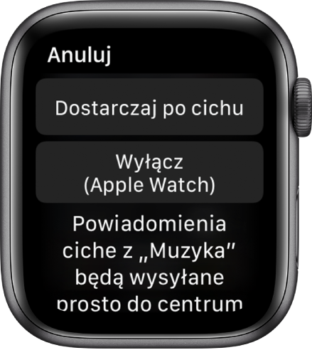 Ustawienia powiadomień na Apple Watch. Na górnym przycisku widoczna jest etykieta Dostarczaj po cichu. Poniżej znajduje się przycisk z etykietą Wyłącz (Apple Watch).