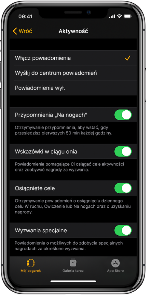 Ekran Aktywność w aplikacji Watch, na którym możesz konfigurować powiadomienia, jakie chcesz otrzymywać.