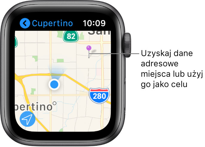 Aplikacja Mapy wyświetlająca mapę z fioletową pinezką, której można użyć w celu uzyskania przybliżonego adresu danego miejsca, a także jako punktu docelowego trasy.