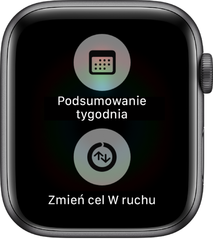 Ekran aplikacji Aktywność z przyciskiem Podsumowanie tygodnia oraz przyciskiem Zmień cel W ruchu.