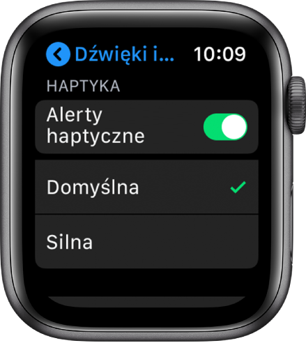 Ustawienia dźwięku i haptyki na Apple Watch. Widoczny jest przełącznik Alerty haptyczne, a poniżej opcje Domyślna oraz Silna.