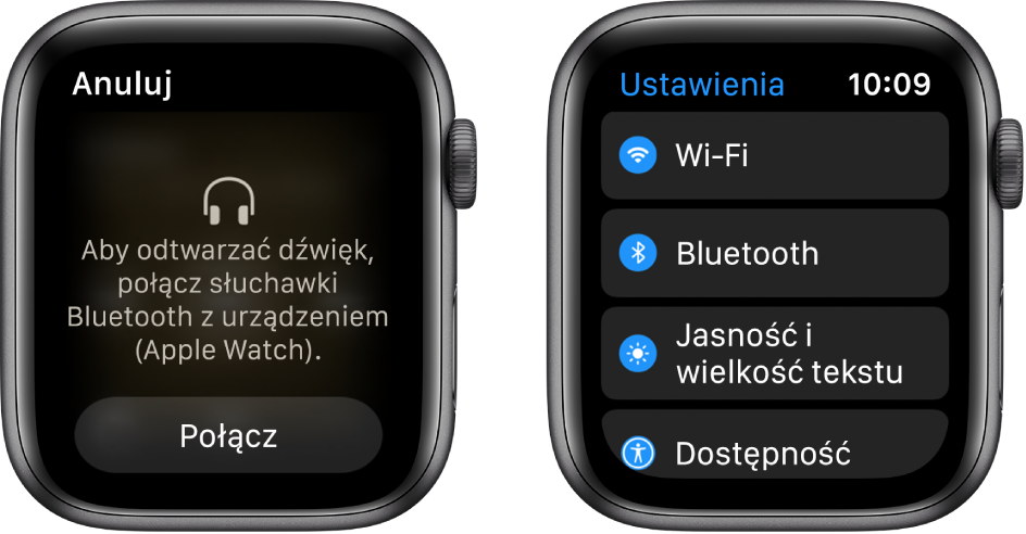 Jeśli przełączysz źródło audio na Apple Watch przed połączeniem słuchawek lub głośników Bluetooth w parę, na dole ekranu pojawi się przycisk Połącz z urządzeniem. Stuknięcie w niego otwiera ekran ustawień Bluetooth na Apple Watch, na którym możesz dodać swoje urządzenie.