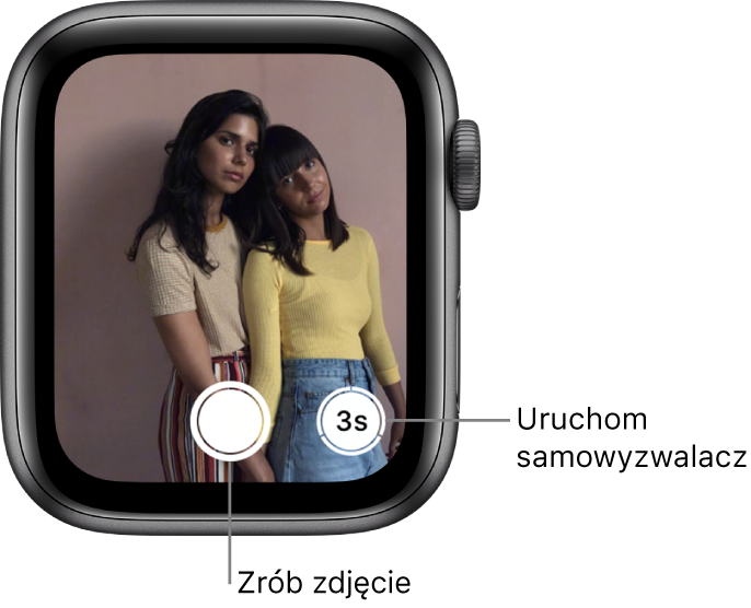 Apple Watch używany jako pilot aparatu. Na ekranie zegarka wyświetlany jest obraz z aparatu iPhone'a. Przycisk robienia zdjęcia znajduje się na dole, a przycisk robienia zdjęcia z samowyzwalaczem widoczny jest po prawej. Po zrobieniu zdjęcia przycisk jego podglądu pojawi się w lewym dolnym rogu ekranu.