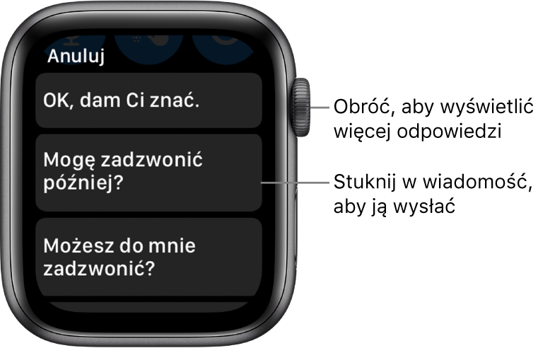 Ekran aplikacji Mail z przyciskiem Anuluj na górze i trzema gotowymi odpowiedziami (OK, dam Ci znać, Zadzwonię później oraz Możesz do mnie zadzwonić?)