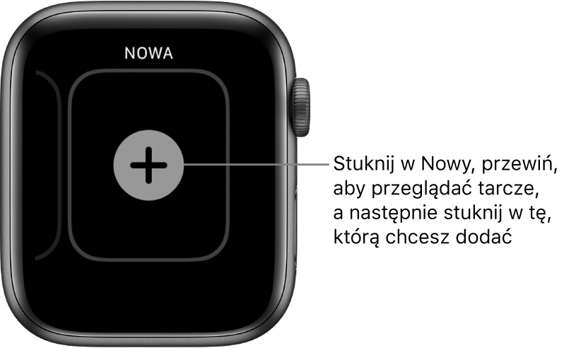 Ekran nowej tarczy zegarka z przyciskiem plus na środku. Stuknij, aby dodać nową tarczę zegarka.