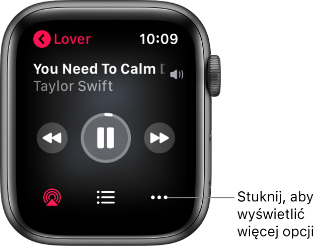 Ekran Odtwarzane w aplikacji Muzyka. Nazwa albumu znajduje się w lewym górnym rogu. Na górze wyświetlany jest tytuł i wykonawca utworu, na środku narzędzia odtwarzania, a na dole — przycisk AirPlay, lista ścieżek oraz przyciski opcji.