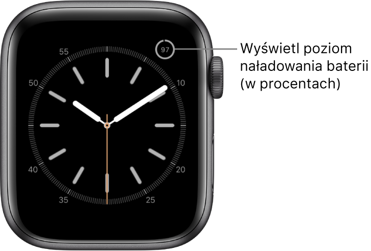 Tarcza zegarka wyświetlająca w prawym górnym rogu procent zużycia baterii.