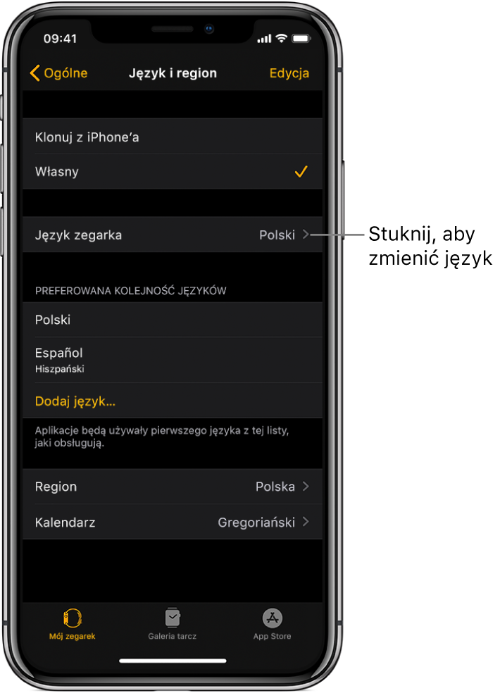 Ekran Język i region w aplikacji Watch, na górze ekranu widoczne jest ustawienie języka zegarka.