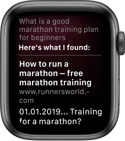 Siri wyświetla znalezioną w Internecie odpowiedź na pytanie „What is a good marathon training plan for beginners”.