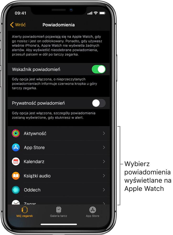 Ekran Powiadomienia w aplikacji Watch na iPhonie, wyświetlający źródła powiadomień.