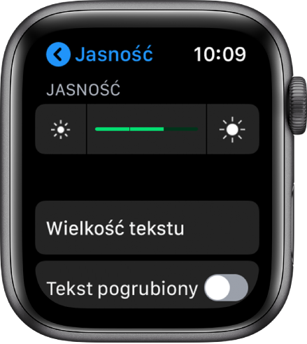 Ustawienia jasności na Apple Watch. U góry ekranu znajduje się suwak Jasność, niżej widoczny jest przycisk Wielkość tekstu, a na dole umieszczony jest przełącznik Tekst pogrubiony.