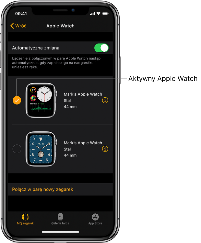 Ikona zaznaczenia wskazuje, który Apple Watch jest aktywny.