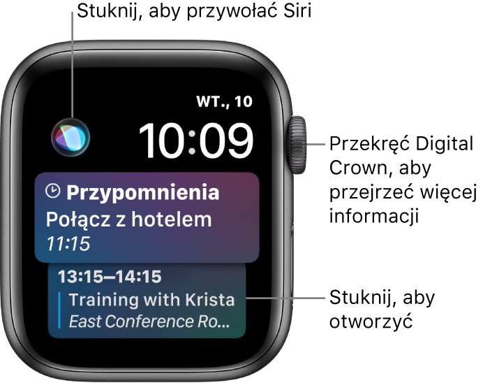 Tarcza zegarka Siri wyświetlająca przypomnienie oraz wydarzenie z kalendarza. W lewym górnym rogu ekranu znajduje się przycisk Siri. W prawym górnym rogu widoczna jest data i godzina.