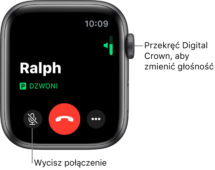 Podczas przychodzącego połączenia telefonicznego na ekranu są widoczne: poziomy pasek zmiany głośności (w prawym górnym rogu), przycisk Wycisz (w lewym dolnym rogu), czerwony przycisk Odrzuć oraz przycisk Więcej opcji.