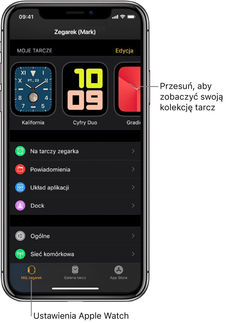 iPhone z otworzoną aplikacją Apple Watch, wyświetlającą ekran Mój zegarek. Na górze widoczne są tarcze zegarka, poniżej wyświetlane są ustawienia. Na dole ekranu aplikacji Watch znajdują się trzy karty. Pierwsza karta od lewej to Mój zegarek, dająca dostęp do ustawień Apple Watch. Następna karta to Galeria tarcz, gdzie możesz przeglądać dostępne tarcze i komplikacje. Kolejna karta to App Store, gdzie możesz pobierać aplikacje na Apple Watch.