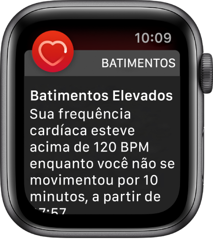 Tela Batimentos Elevados mostrando uma notificação que indica que os batimentos passaram de 120 BPM quando o usuário estava inativo por 10 minutos.