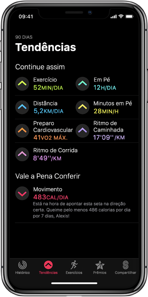 A aba Tendências do app Atividade no iPhone. Várias métricas aparecem abaixo do cabeçalho Tendências, na parte superior da tela. As métricas incluem Exercício, Ficar em Pé, Distância, dentre outras. Movimento aparece no cabeçalho “Vale a pena dar uma olhada”.