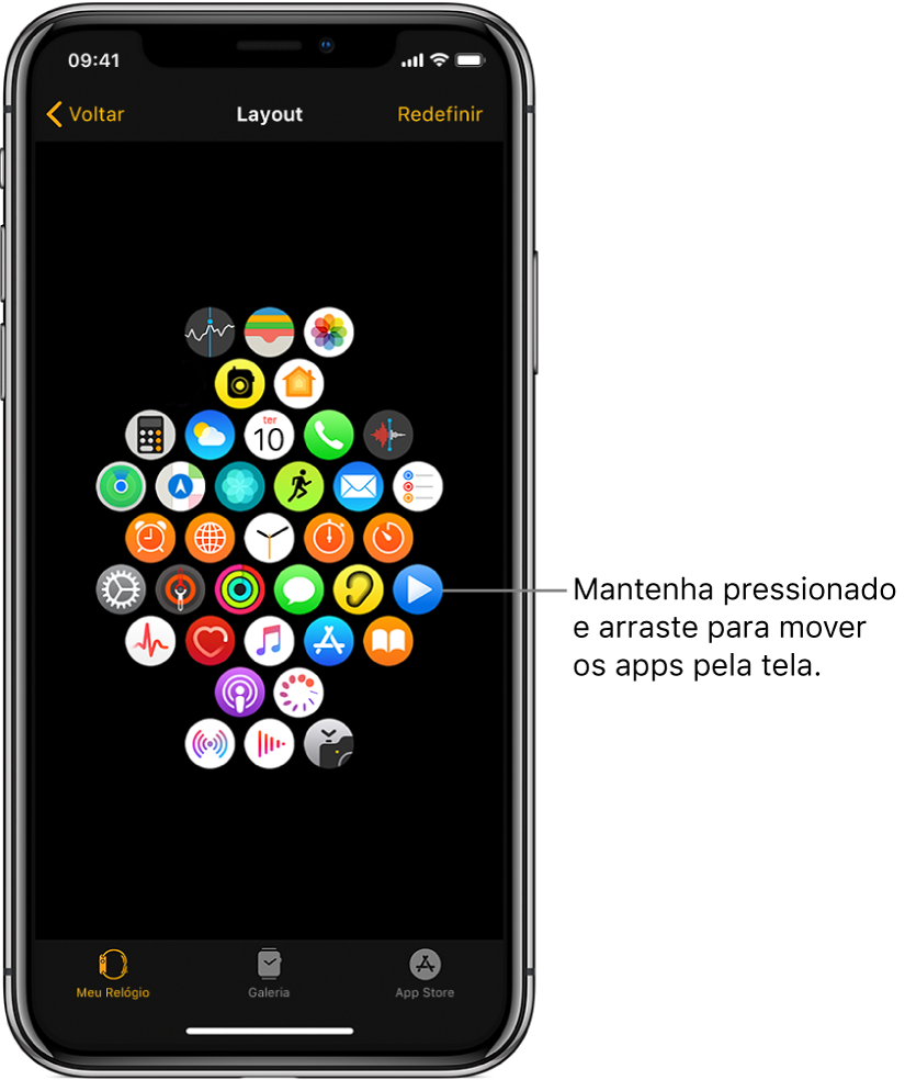 A tela Layout no app Apple Watch mostrando uma grade de ícones. Uma chamada indica o ícone de um app e diz “Mantenha pressionado e arraste para mover apps”.