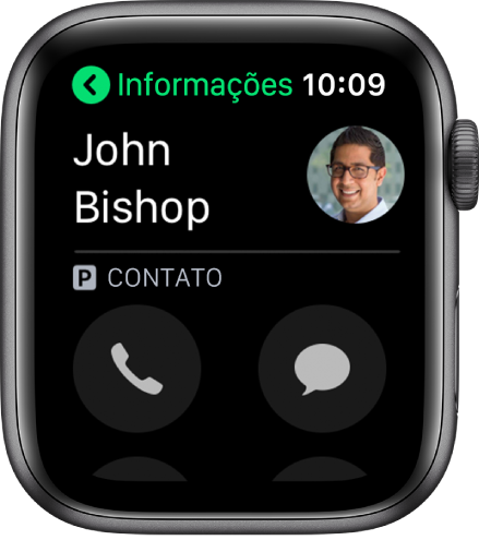 A tela de Telefone mostrando um contato e os botões Ligar e Mensagem.