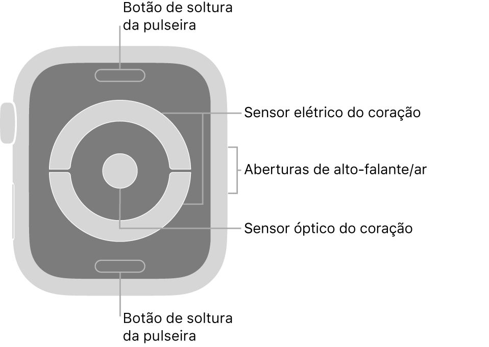 A traseira do Apple Watch Series 4, com chamadas que indicam o botão para soltar a pulseira, o sensor elétrico cardíaco, o alto-falante/ventilação e o sensor óptico cardíaco.