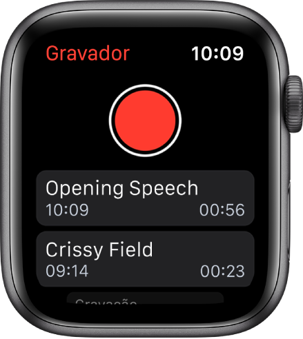 Apple Watch mostrando a tela Gravações. O botão Gravar vermelho aparece perto da parte superior. Duas notas gravadas aparecem abaixo. Elas exibem a hora em que foram gravadas e a duração.