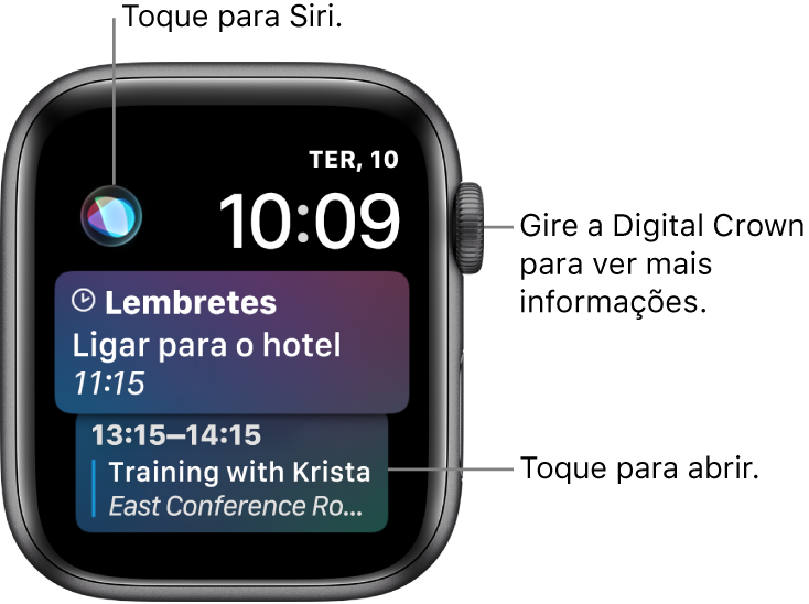 Mostrador Siri exibindo um lembrete e um evento de calendário. O botão Siri encontra-se na parte superior esquerda da tela. A data e a hora estão na parte superior direita.