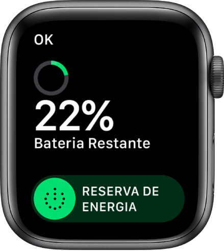 Tela da Reserva de Energia mostrando o botão OK na parte superior esquerda, a porcentagem de bateria restante e o controle deslizante “Reserva de Energia”.