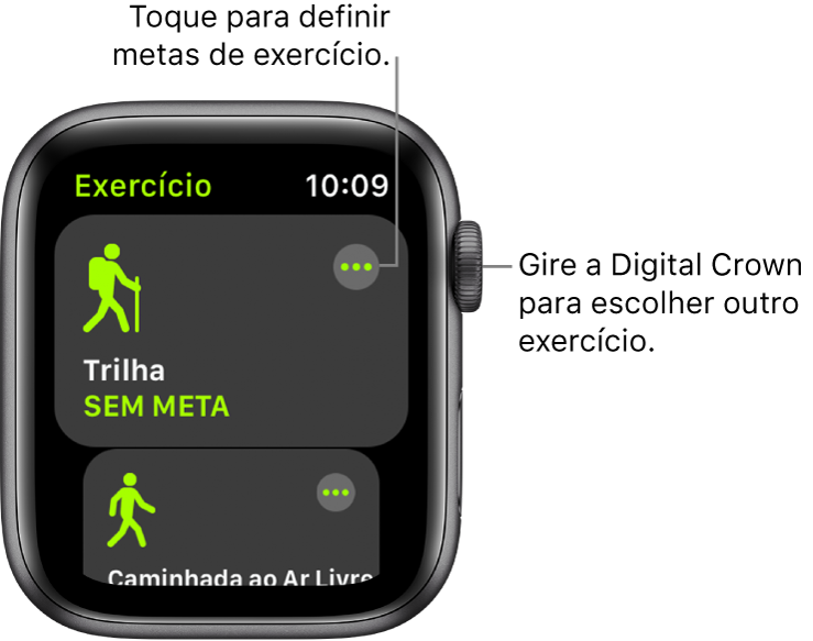 A tela Exercício com o exercício Trilha destacado. O botão Mais encontra-se na parte superior direita. Uma parte do exercício “Caminhada ao Ar Livre” exibida abaixo.