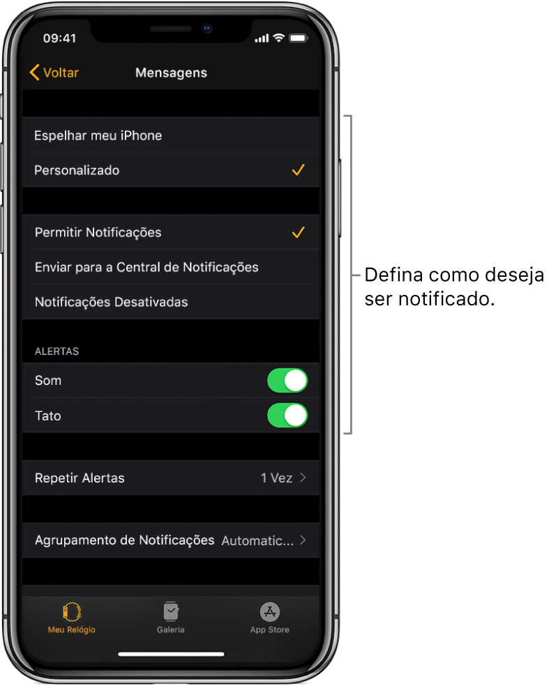 Ajustes do Mensagens no app Apple Watch no iPhone. Você pode escolher se deseja mostrar alertas, ativar o som, ativar o tato e repetir alertas.