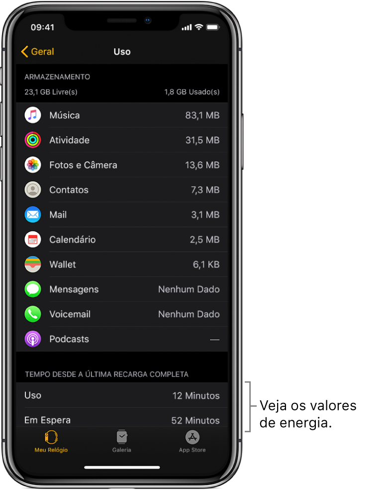 Na tela Uso, no app Apple Watch, visualize os valores de energia para Uso, Em Espera e Reserva de Energia na metade inferior da tela.